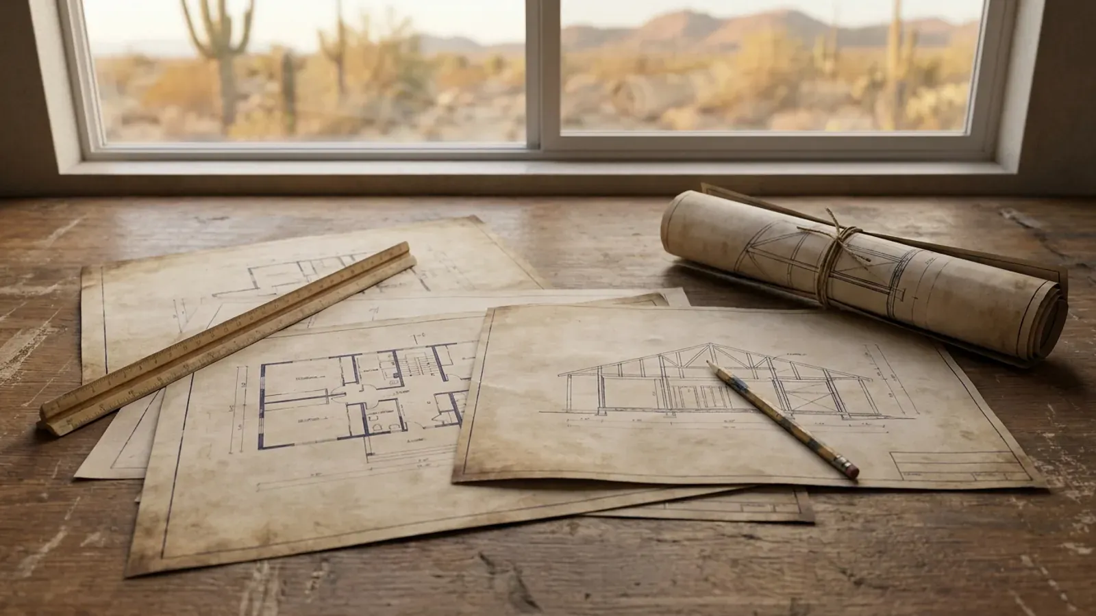 Overhead view of barndominium floor plan and structural elevation drawings spread on a workbench with a scale ruler and pencil.
